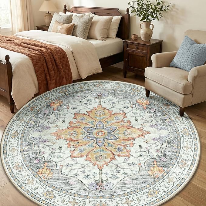 RELEANY Area Rugs 6ft Washable Non-Slip, Floral Vintage Distress Print Pattern - Image 3