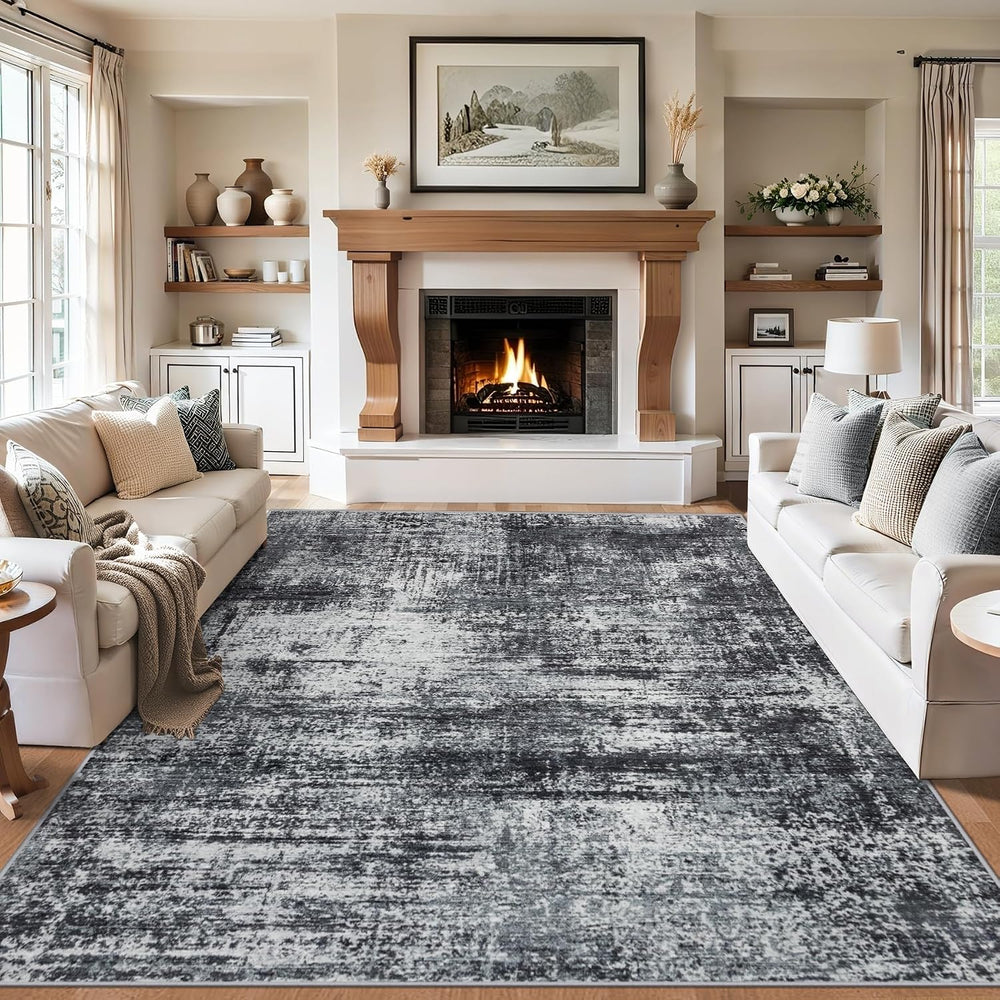 PLHXFR 10x14 Area Rug Living Room: Abstract Washable Carpet Dark Black