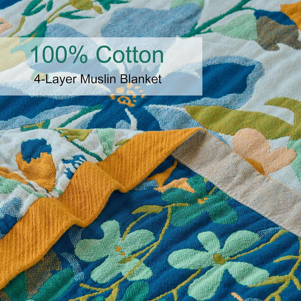 Boho Throw Blanket, 100% Soft Cotton Floral Quilt, King 90"x 98"