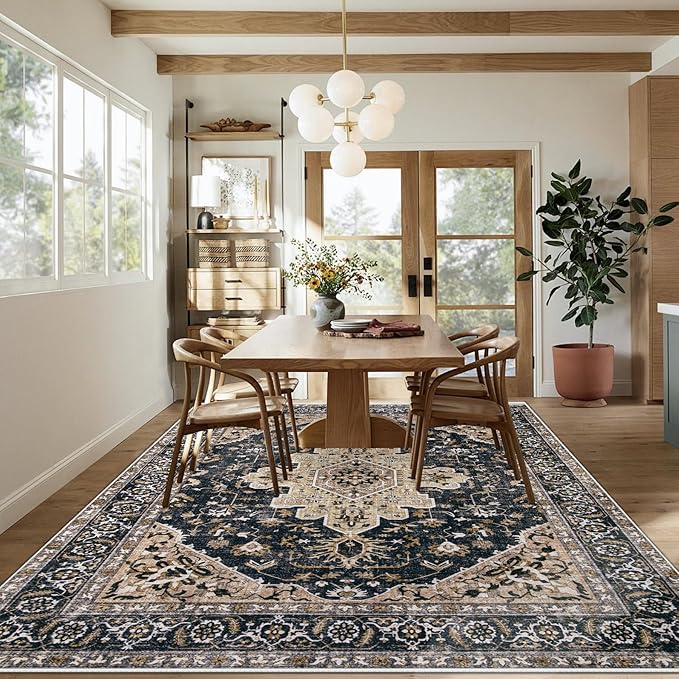 Area Rugs 9x12 Vintage Rug: Large Washable Living Room Rug Retro Medallion - Image 4