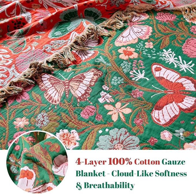 MSGKV Boho Throw Blanket for Bed 60"x80" Butterfly Floral 100% Cotton Couch - Image 3