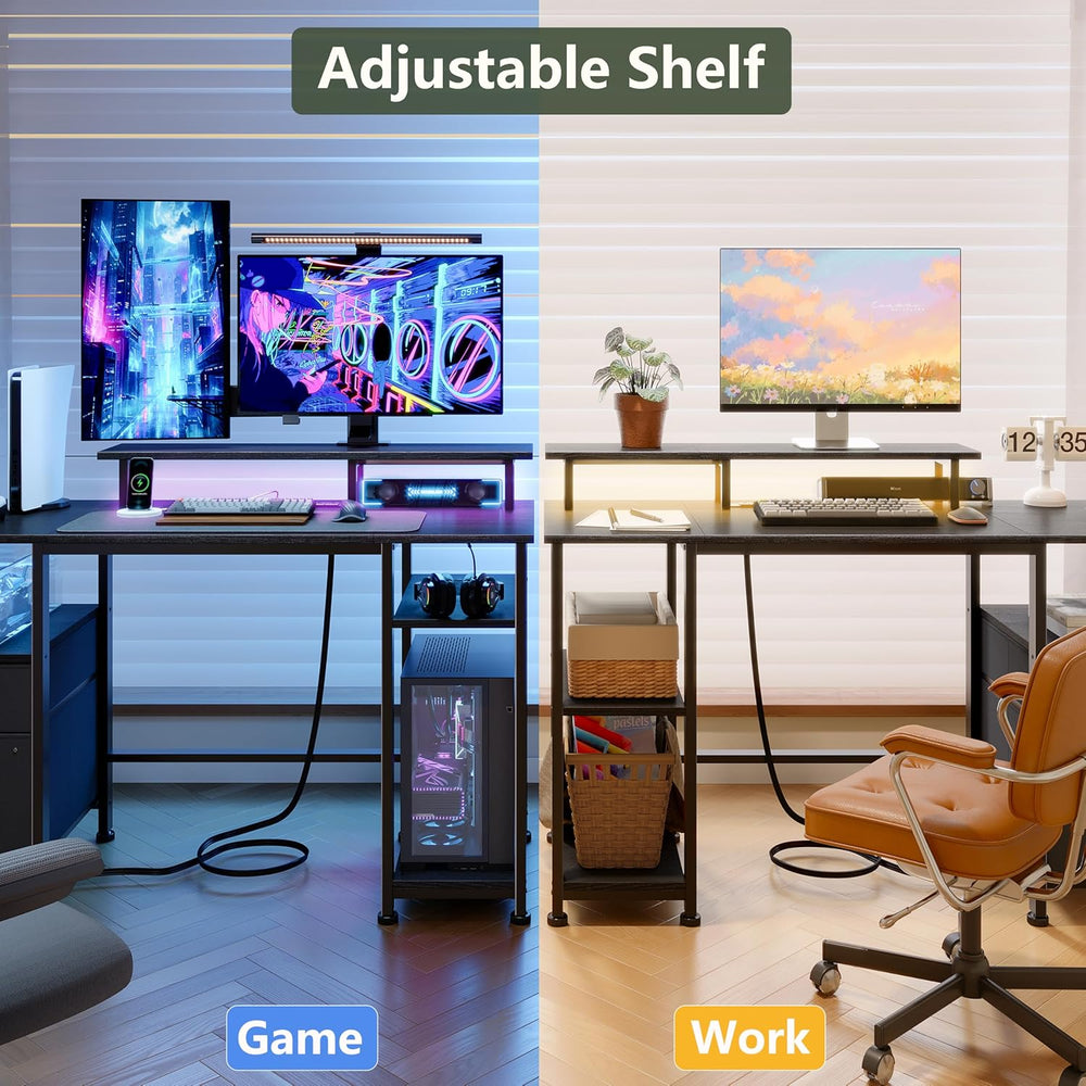Furologee 51" Gaming Desk with Power Outlets & LED Lights, Reversibl...