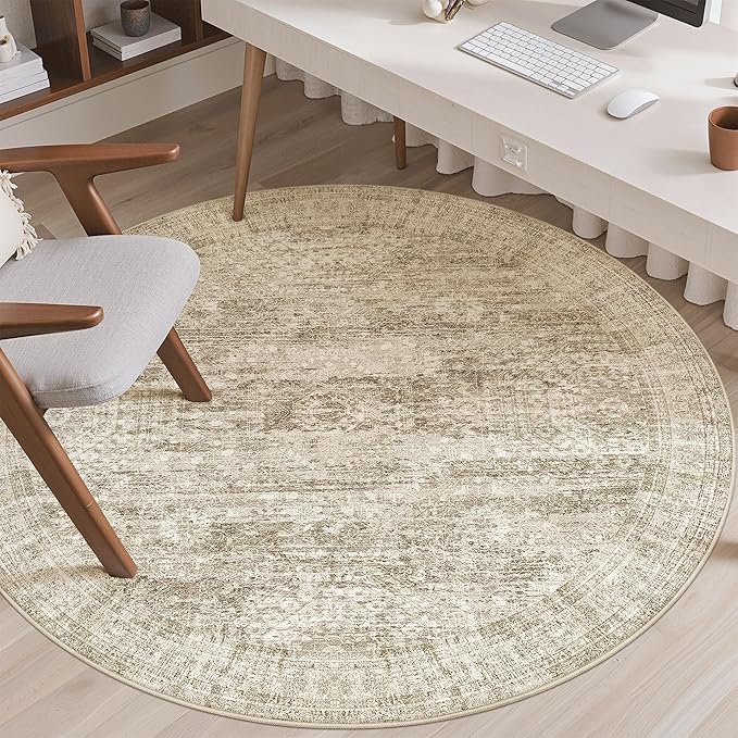 Soalmost 5x5 Brown Round Rug 5ft Living Room Circle Rug Vintage Round Area Rug - Image 4