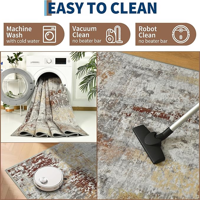 Ompaa Living Room Rug 5x8 Beige Area Rug Machine Washable Boho Rug Non Slip - Image 5