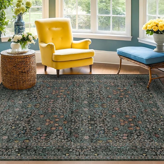 Dark Green Floral Living Room Rug 5x7 Area Rug - Image 9