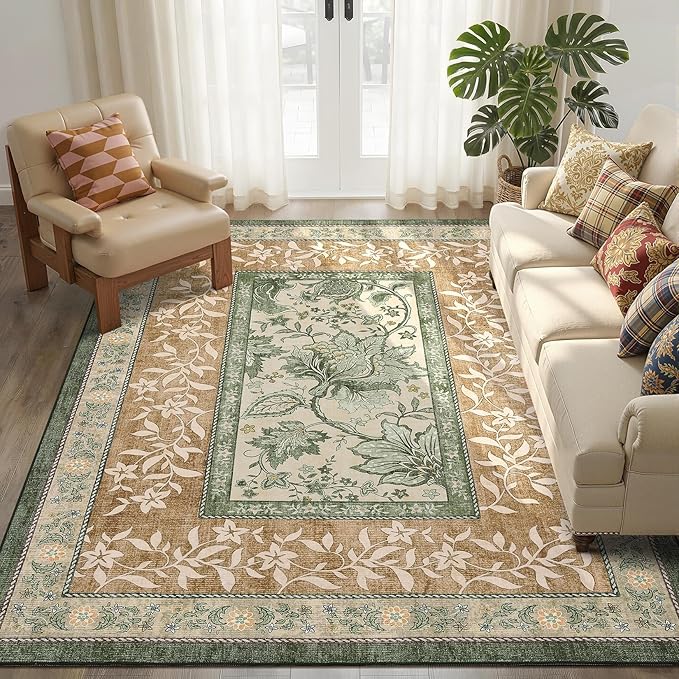 GarveeHome Terracotta Olive Sage Green Washable 6x9 Area Rugs, Botanical Grove by GarveeHome