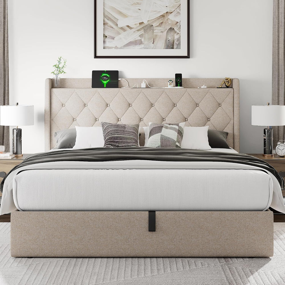 Einhomn Full Lift Up Storage Bed Frame with Charging Station, Upholstered Bed...