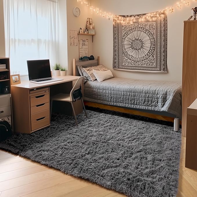 ONASAR Grey Area Rugs for Bedroom Living Room, Fluffy Fuzzy Shag Shaggy 4x6 - Image 4