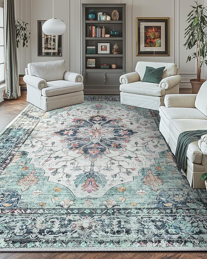 Area Rugs 10'x14' Washable Non-Slip, Floral Vintage Distress Print Pattern by RELEANY