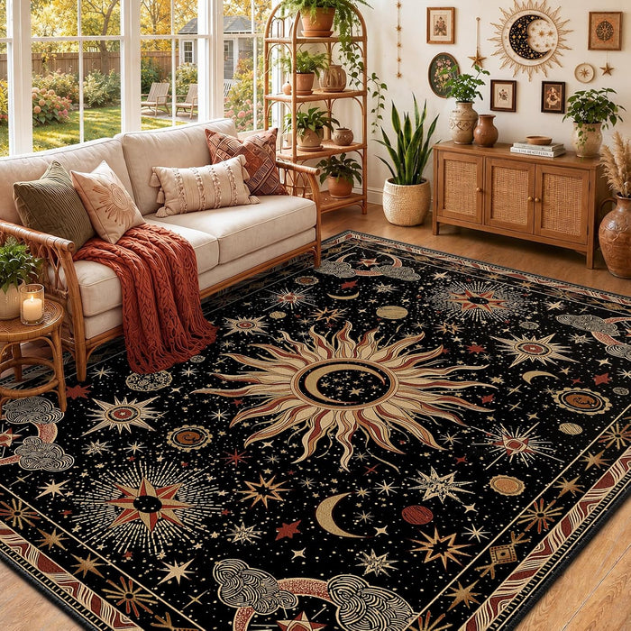 Vacuum-Friendly, 5x7 Washable Area Rug, Black Gold Beige Red