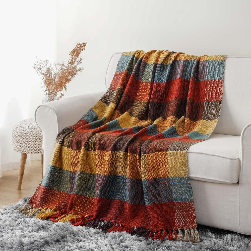 Fall Plaid Throw Blanket for Couch, Rustic Knit Throw Blanket 50"x60"