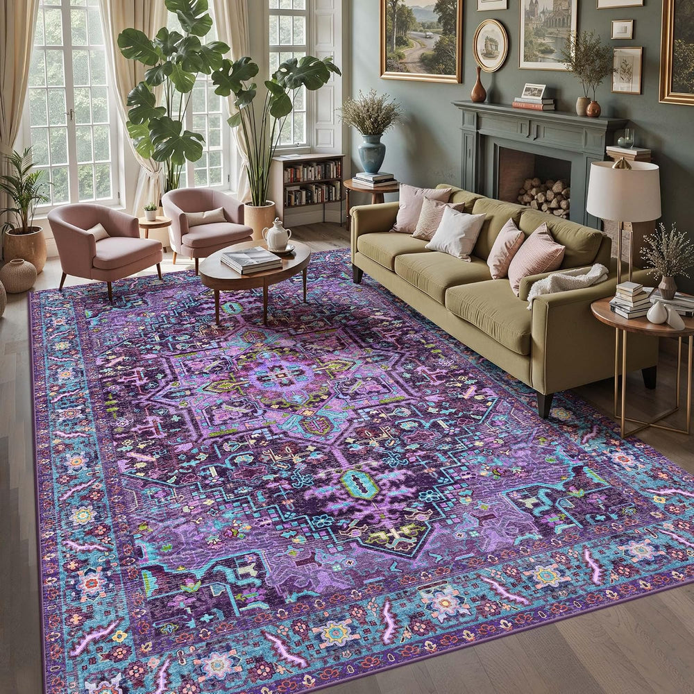 8x10 Purple and Turquoise Blue Vintage Boho Oriental Soft Washable Area Rug