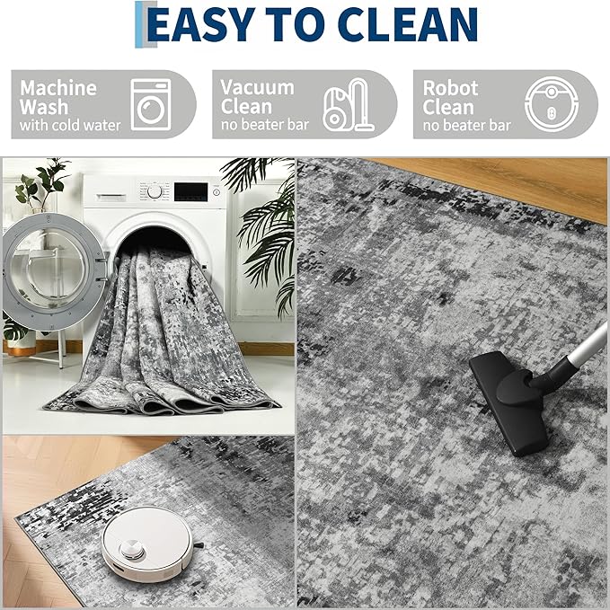 Living Room Rug 9x11 Gray Area Rugs Machine Washable Abstract Boho Large Rug - Image 4