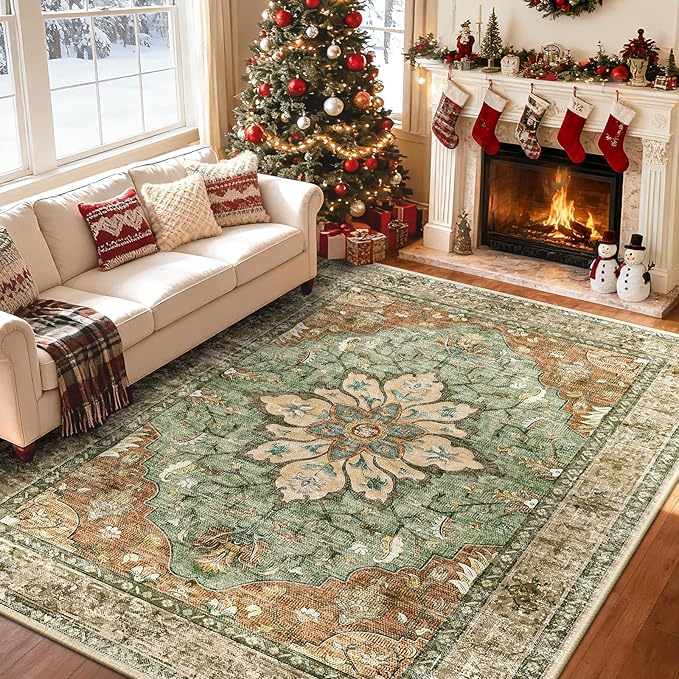 Area Rugs 5'x8' Washable Non-Slip, Floral Vintage Distress Print Pattern - Image 2