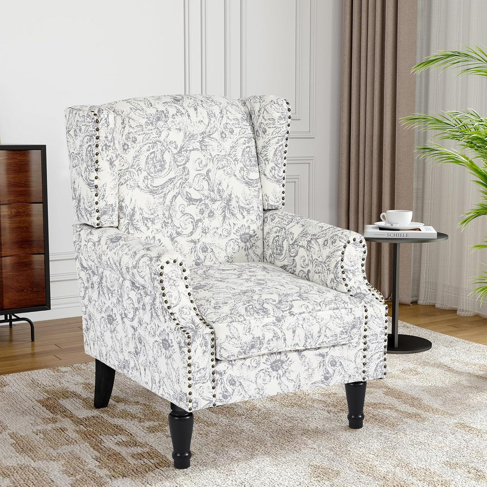 Floral Wingback Accent Chair, High Back Armchair, Rococo Light Gray