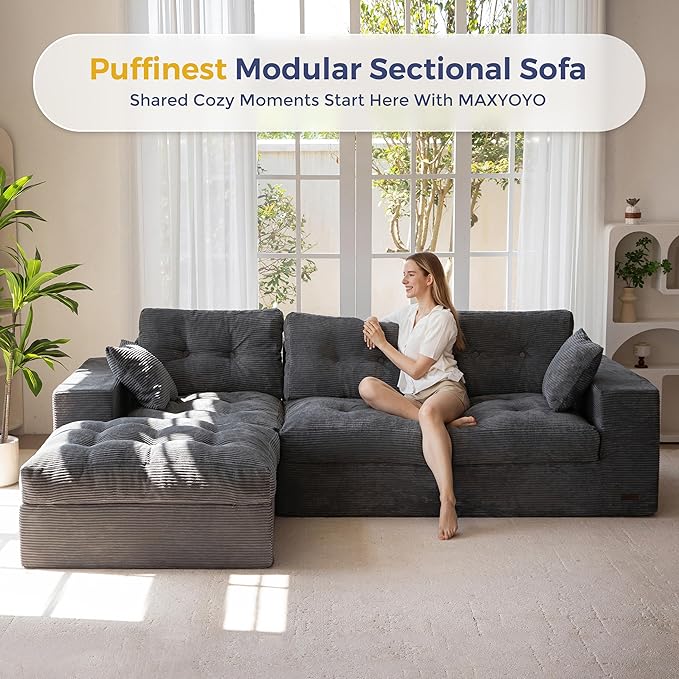 MAXYOYO 104" L Shaped Modular Sectional Sofa with Ottoman, Cloud Boneles...