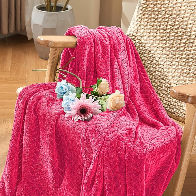 inhand Hot Pink Fleece Twin Blanket, Lightweight Leaves Pattern Fuzzy Blanket - Image 3