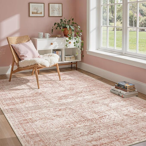 5x7 Area Rugs Pink Low Pile Indoor Washable Trendy Faded Style Rugs - Image 2