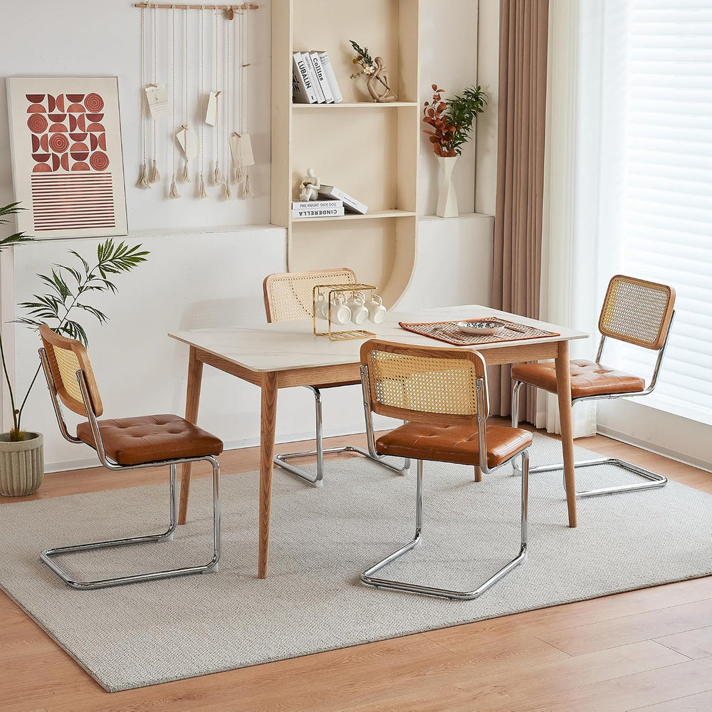 Rattan Cantilever Dining Chair, Single Modern Armless Chair with Chrome Steel...