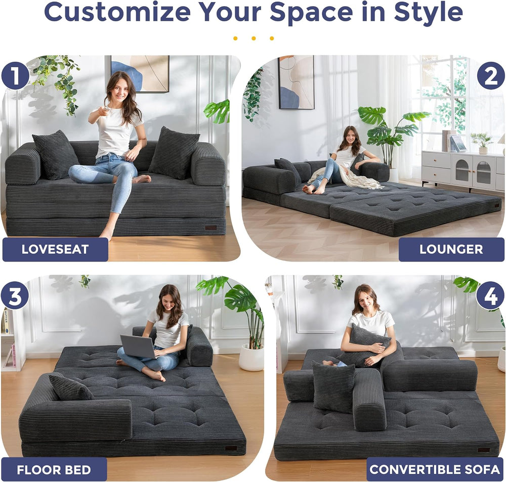 MAXYOYO 63" Convertible Sofa Bed, Boneless Futon Couch Floor Sofa, Dark ...