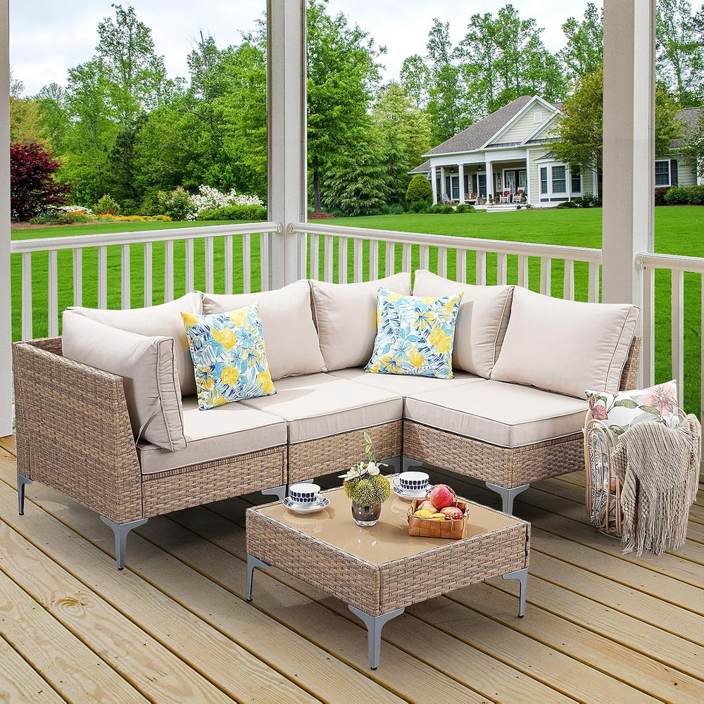 5-Piece Patio Furniture Set, Outdoor Wicker Sectional Sofa with Coffee Table,...