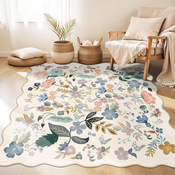 Floral Square Area Rugs for Family: Washable 5x5 Scalloped Carpet for Living by HYHAOYUNLAI