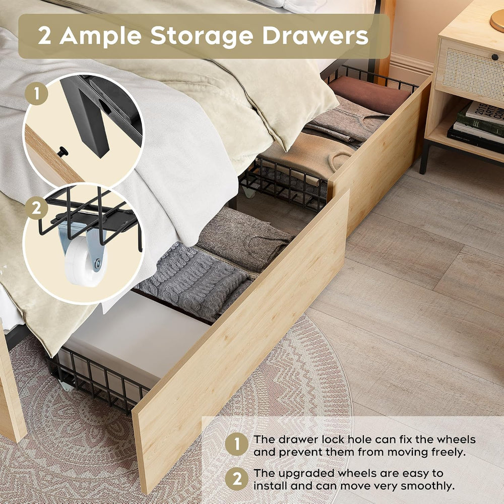 Natural Rattan Headboard Queen Bedframe with 4 Storage Drawers and Footboard,...