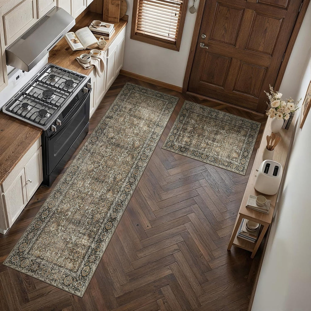 Brown Kitchen Rug Set 2 Piece 2x3+2.6x8 Vintage Distressed | Washable, Non Slip, Low Pile, Floor Mats for Entryway, Kitchen, Bathroom, Laundry Room, Farmhouse Decor