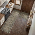 Brown Kitchen Rug Set 2 Piece 2x3+2.6x8 Vintage Distressed | Washable, Non Slip, Low Pile, Floor Mats for Entryway, Kitchen, Bathroom, Laundry Room, Farmhouse Decor