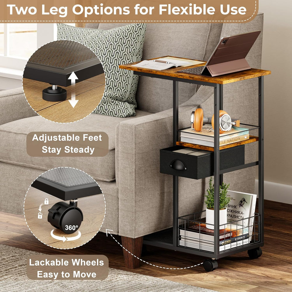 C Shaped Sofa Side Table with Wheels, Rolling Small Coffee Table with Drawer,...