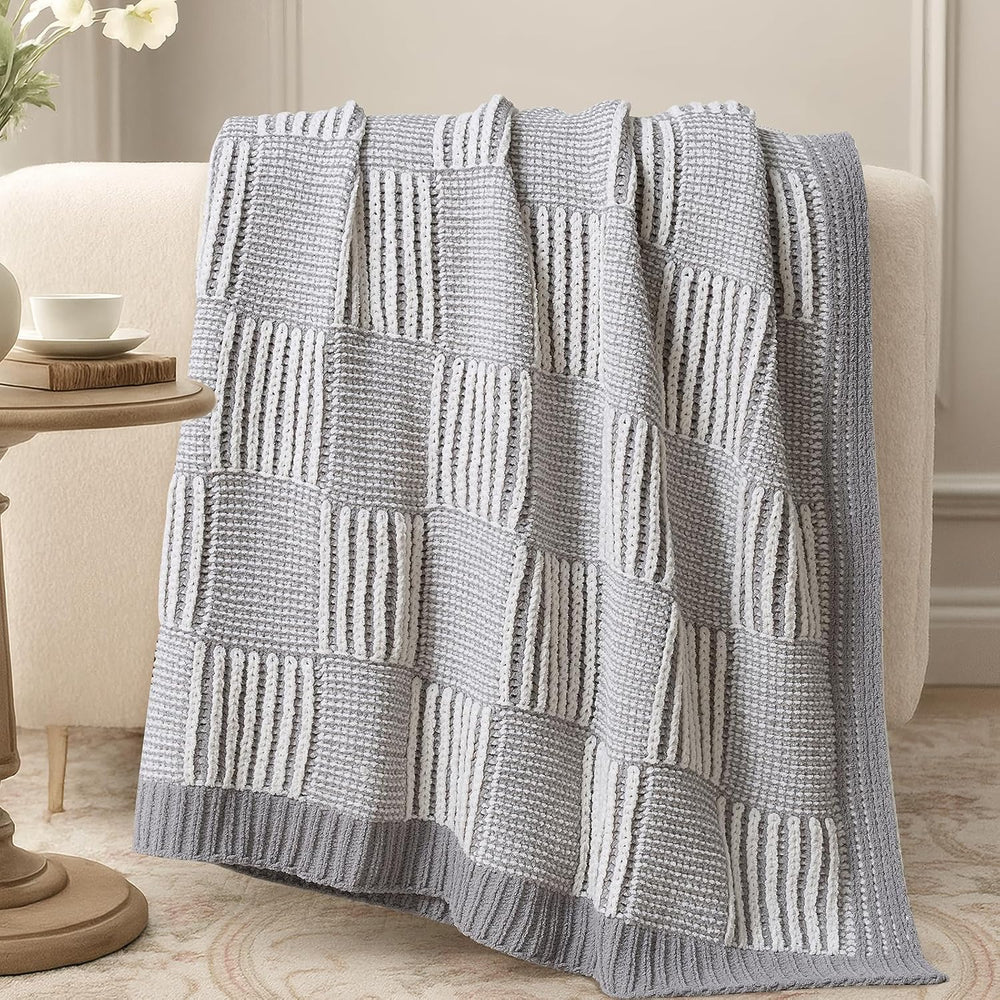 Amélie Home Checkered Chenille Knit Throw Blanket for Couch, Gray 50"x60...