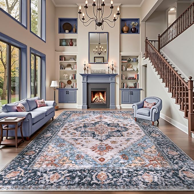 SERISSA Washable Rugs 9x12 Area Rugs, Large Non-Slip Blue Orange Living Room Rug - Image 2