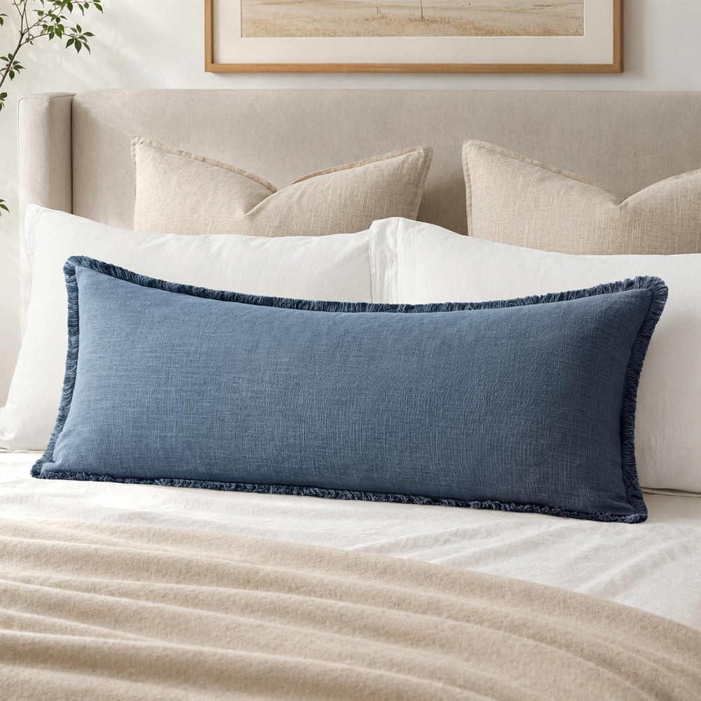 MIULEE 14x36 Long Linen Fringe Lumbar Pillow Covers Set of 1 Blue Ashes