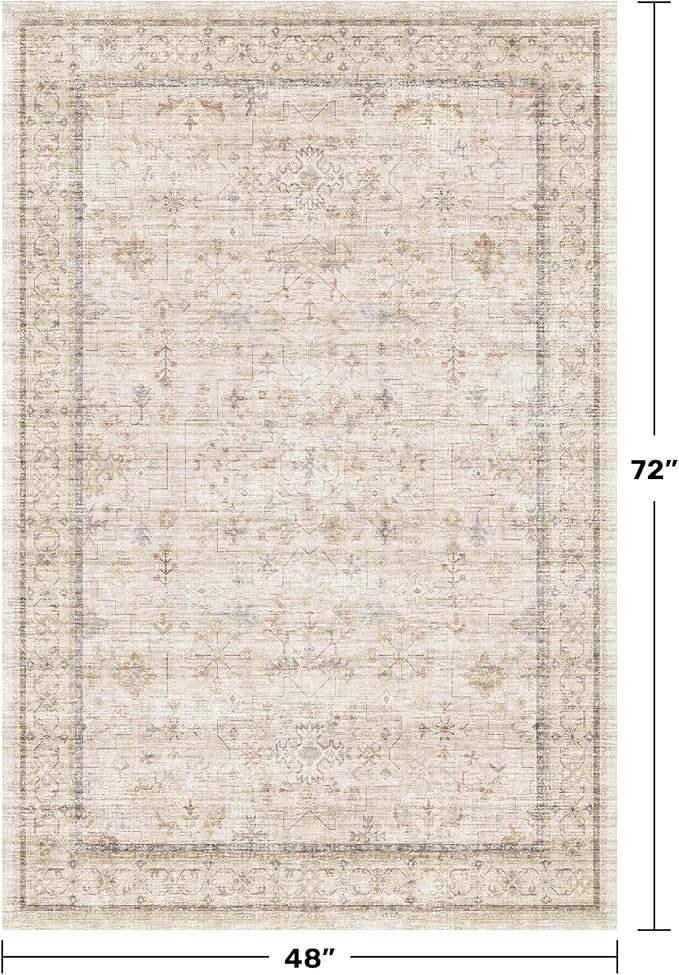 Washable Cream Rug 4x6 for Office, Non Slip Rugs for Kitchen, Low Pile Neutral - Image 2