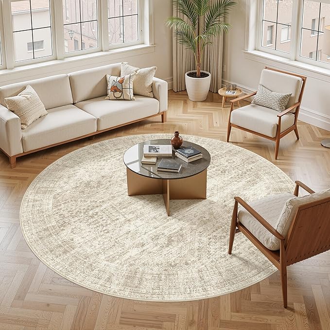 8x8 Beige Round Rug 8ft Living Room Circle Rug Vintage Round Area Rug Non Slip - Image 2