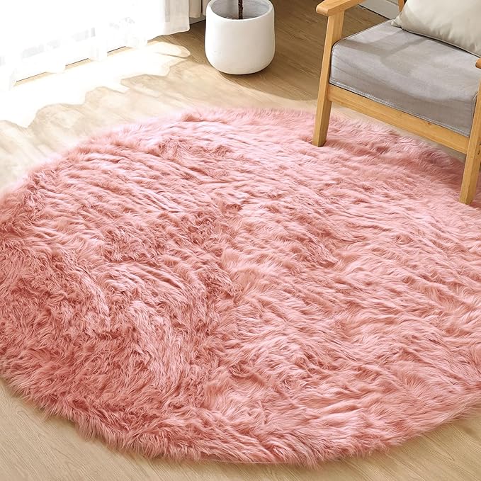 ORINOVA Pink Washable Shag Round Rugs 6.6ft Soft Plush Faux Sheepskin Fuzzy Fur - Image 6