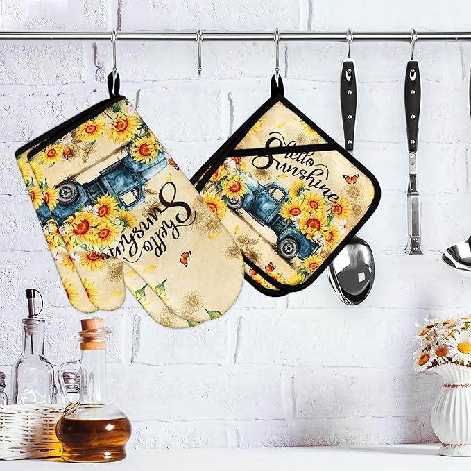 Sunflower Oven Mitts and Pot Holders Sets Vintage Floral Oven Gloves Heat - Image 2