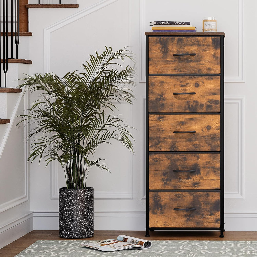 Tall Dresser Vertical Fabric Storage Tower, 5 Drawers (Rustic Brown)