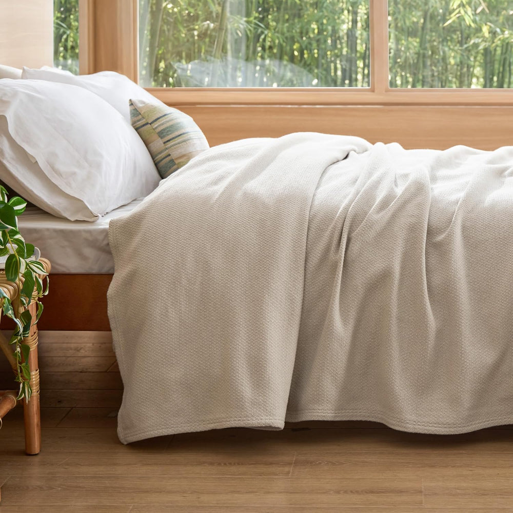 Bedsure 100% Cotton Blanket, Herringbone Weave, Full, Linen Beige