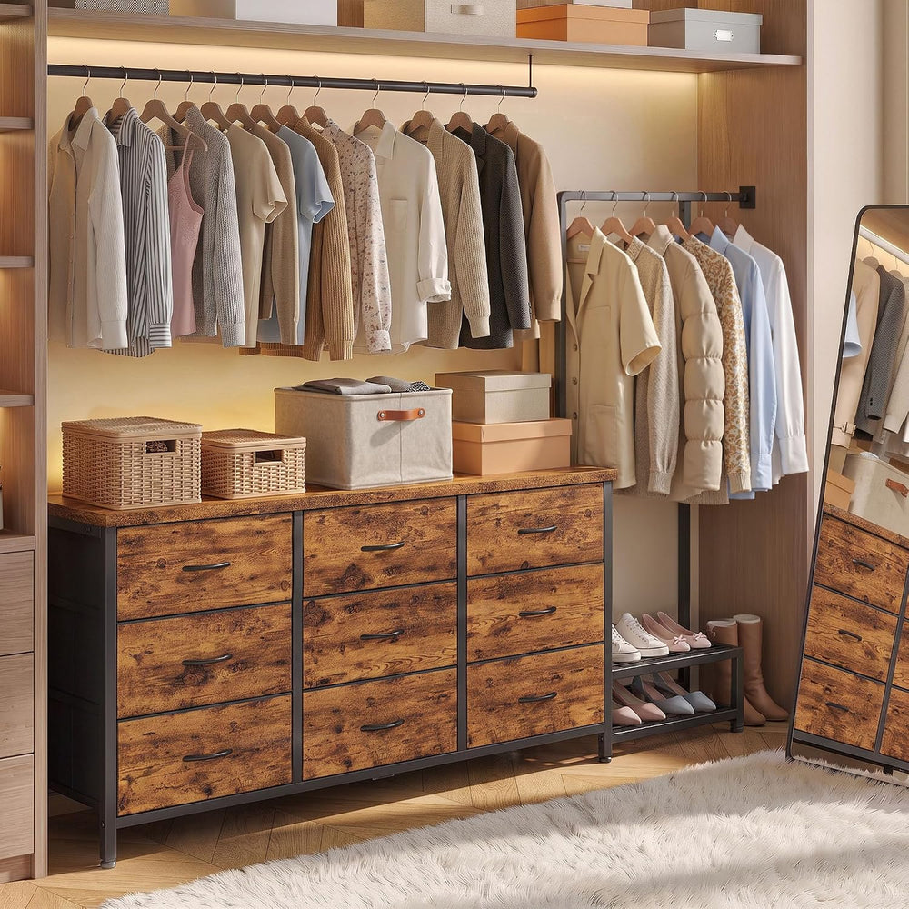 9-Drawer Dresser with Extendable Hanging Rack & LED Lights, Brown