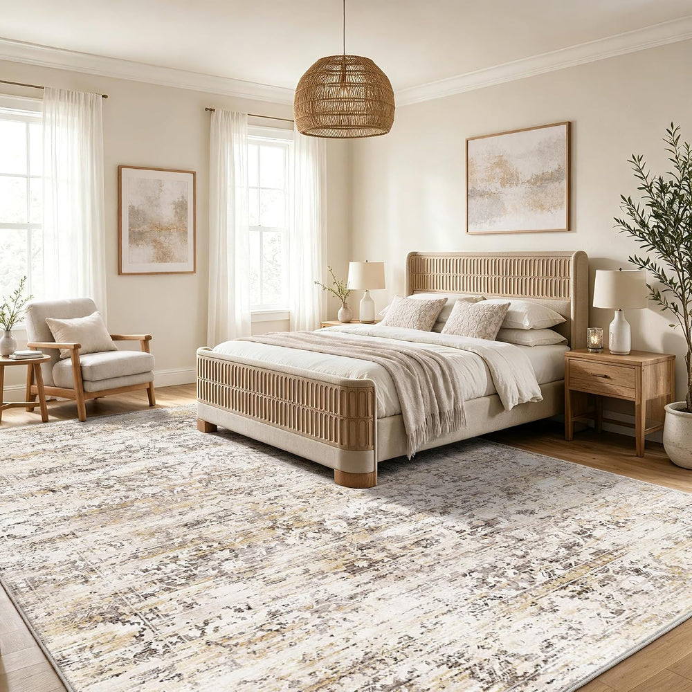 Amada 8x10 Washable Area Rug for Living Room, Beige, Vintage & Abstract