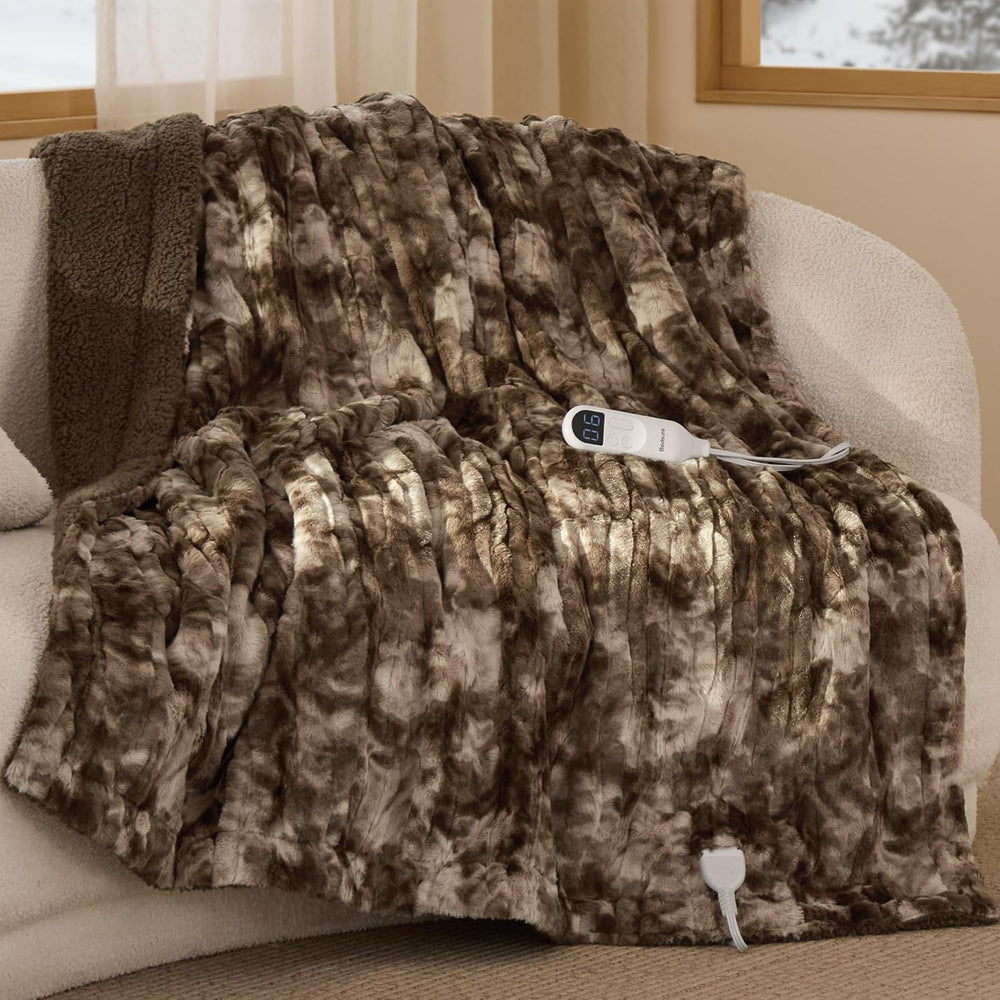 Bedsure Faux Fur Heated Blanket Throw, Tie-Dye Cozy Electric Blanket, Brown