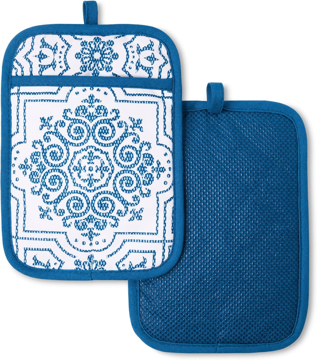 MARTHA STEWART Strie Medallion Pot Holder 2-Pack Set, Heat Resistant, Non-Slip Silicone Grip, Navy Blue, 7"x10"