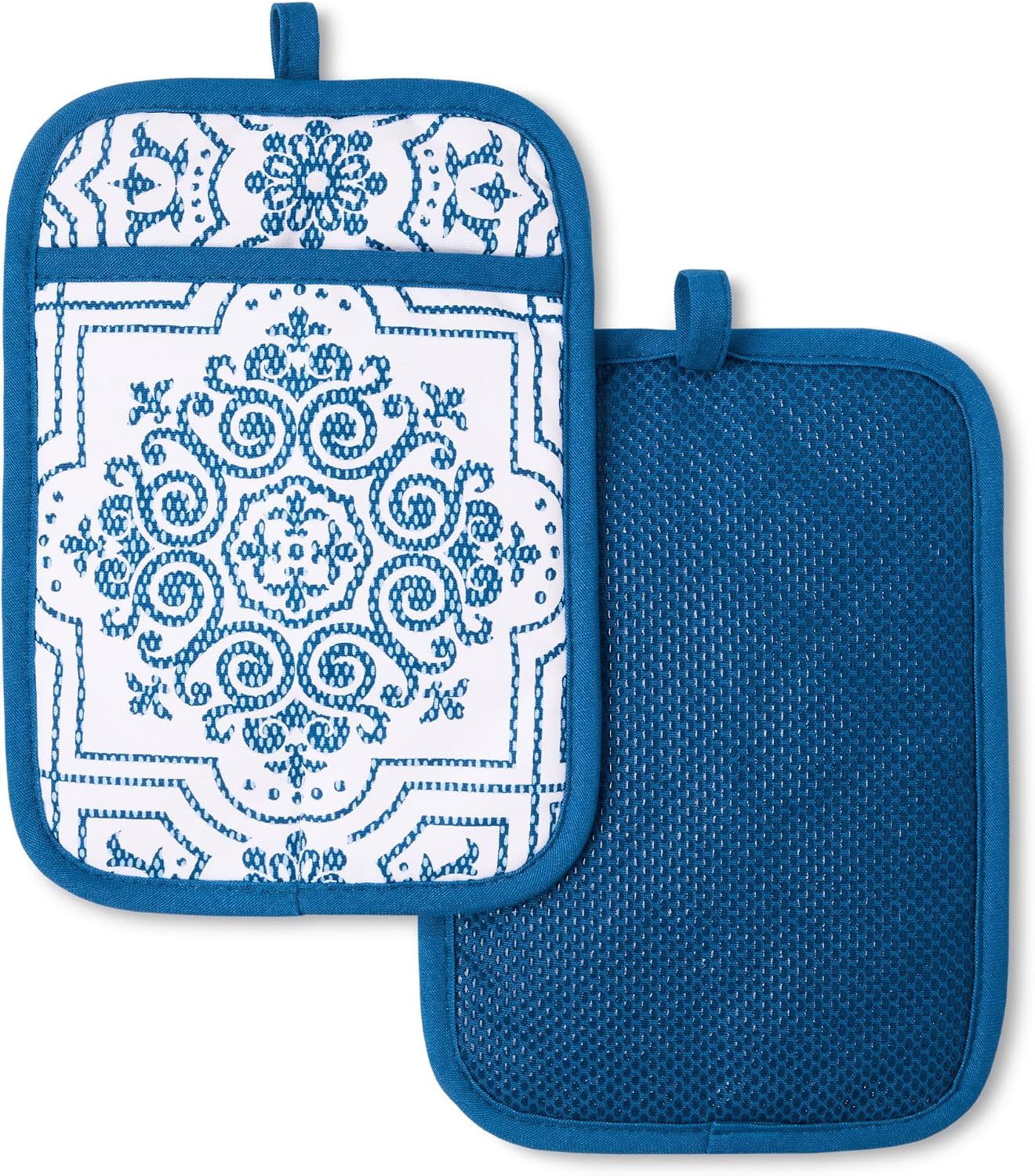 MARTHA STEWART Strie Medallion Pot Holder 2-Pack Set, Heat Resistant, Non-Slip Silicone Grip, Navy Blue, 7"x10"