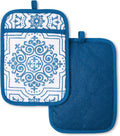 MARTHA STEWART Strie Medallion Pot Holder 2-Pack Set, Heat Resistant, Non-Slip Silicone Grip, Navy Blue, 7"x10"