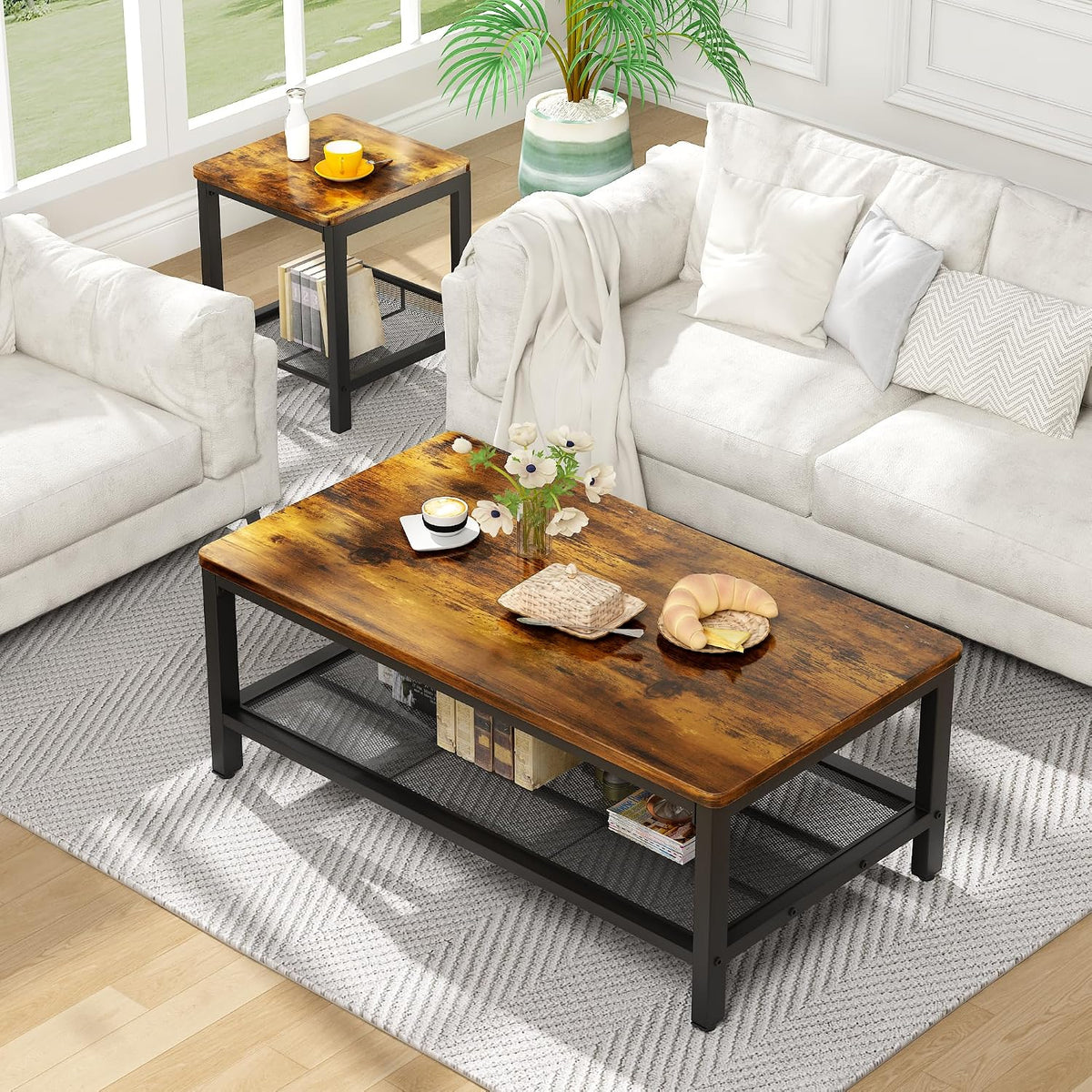 3-Piece Coffee Table and End Table Sets for Living Room, Industrial Coffee Table Set of 3 with Storage, Modern Farmhouse Rustic Living Room Table Set for Apartment Home Office
