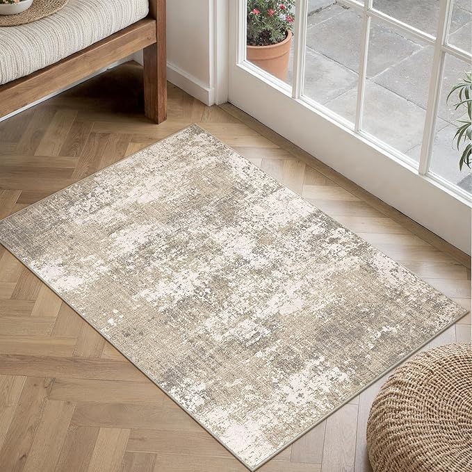 PureCozy Beige Area Rug 2x3 Machine Washable Modern Abstract Entryway Carpet - Image 2