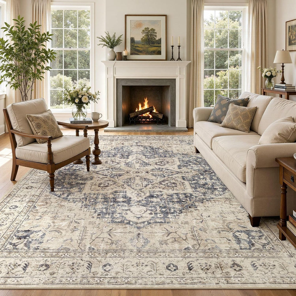 Tortania Area Rug 10x14 Living Room Rug Washable Soft Cream/Blue