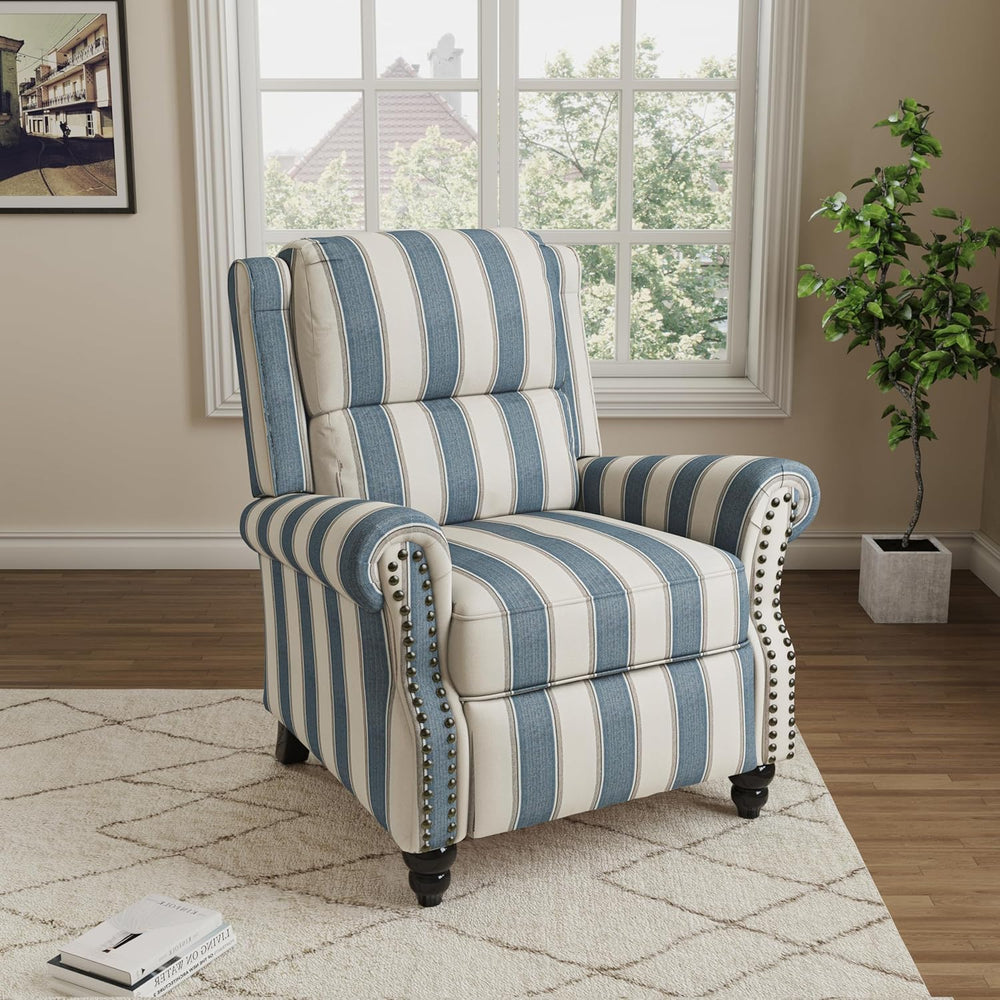 Pushback Recliner Chair, Fabric Wingback Recliner, Navy Stripe
