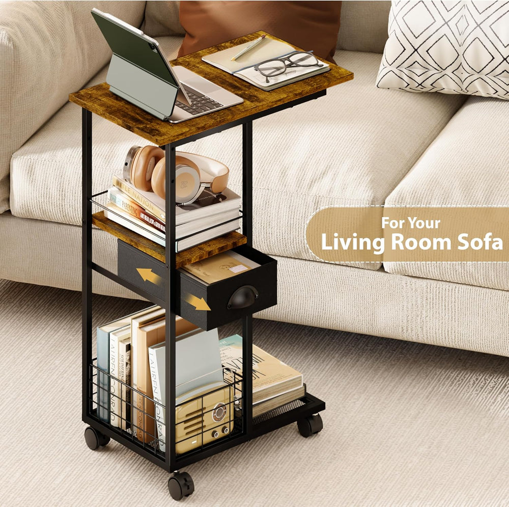 C Shaped Sofa Side Table with Wheels, Rolling Small Coffee Table with Drawer,...